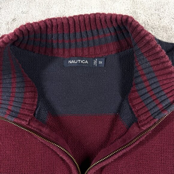 Nautica Mens 3X Red Navy Stripe Cotton Quarter Zip Pullover Sweater Big Tall - Picture 2 of 12